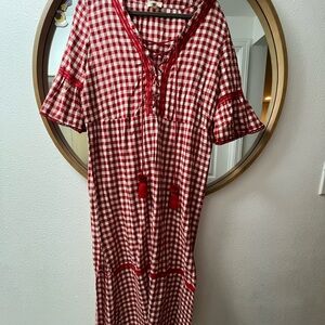 POL Red Gingham Lace-Up Maxi Dress
